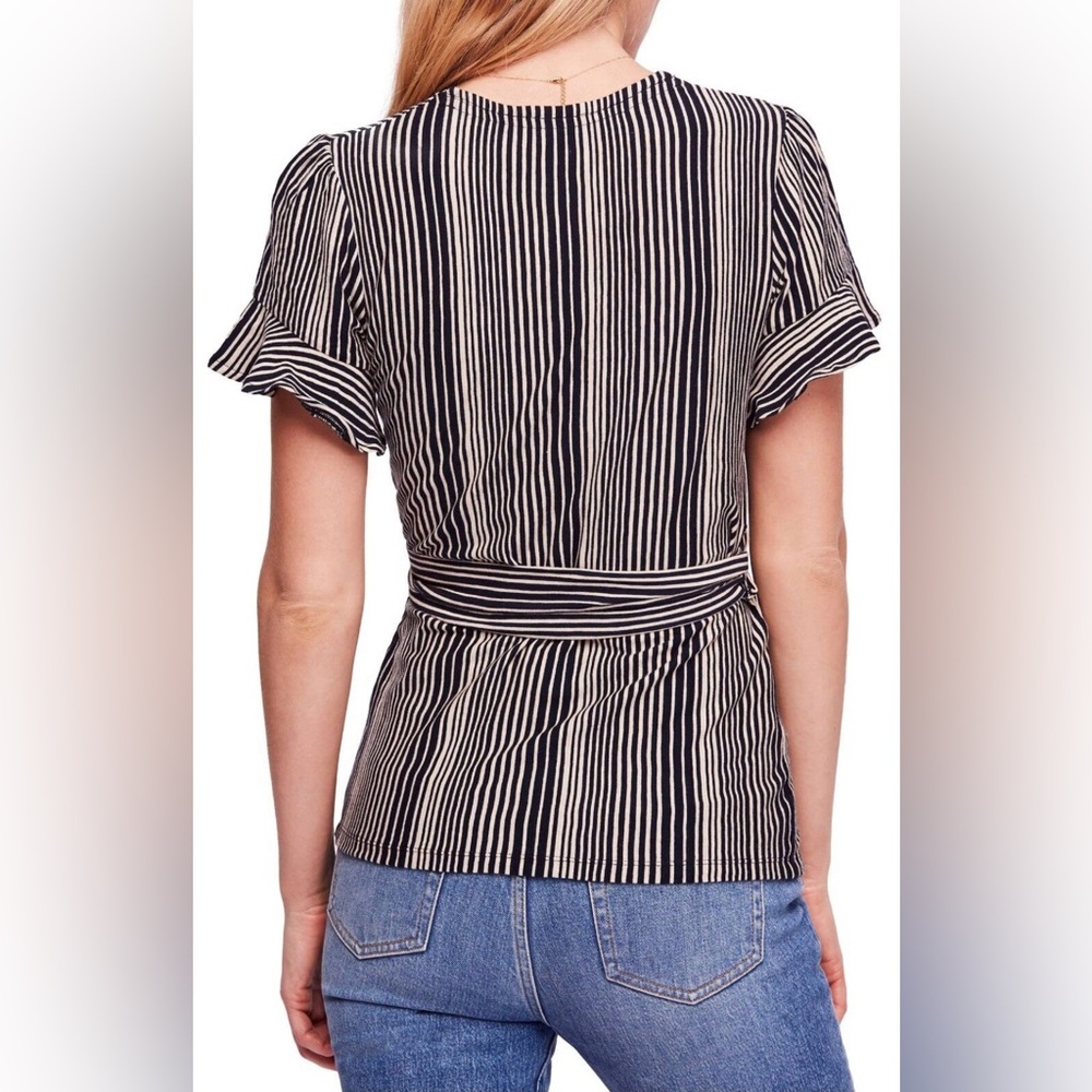 Free People Wrapped Around My Finger Wrap Blouse, Black Beige Striped , XS - Picture 4 of 10